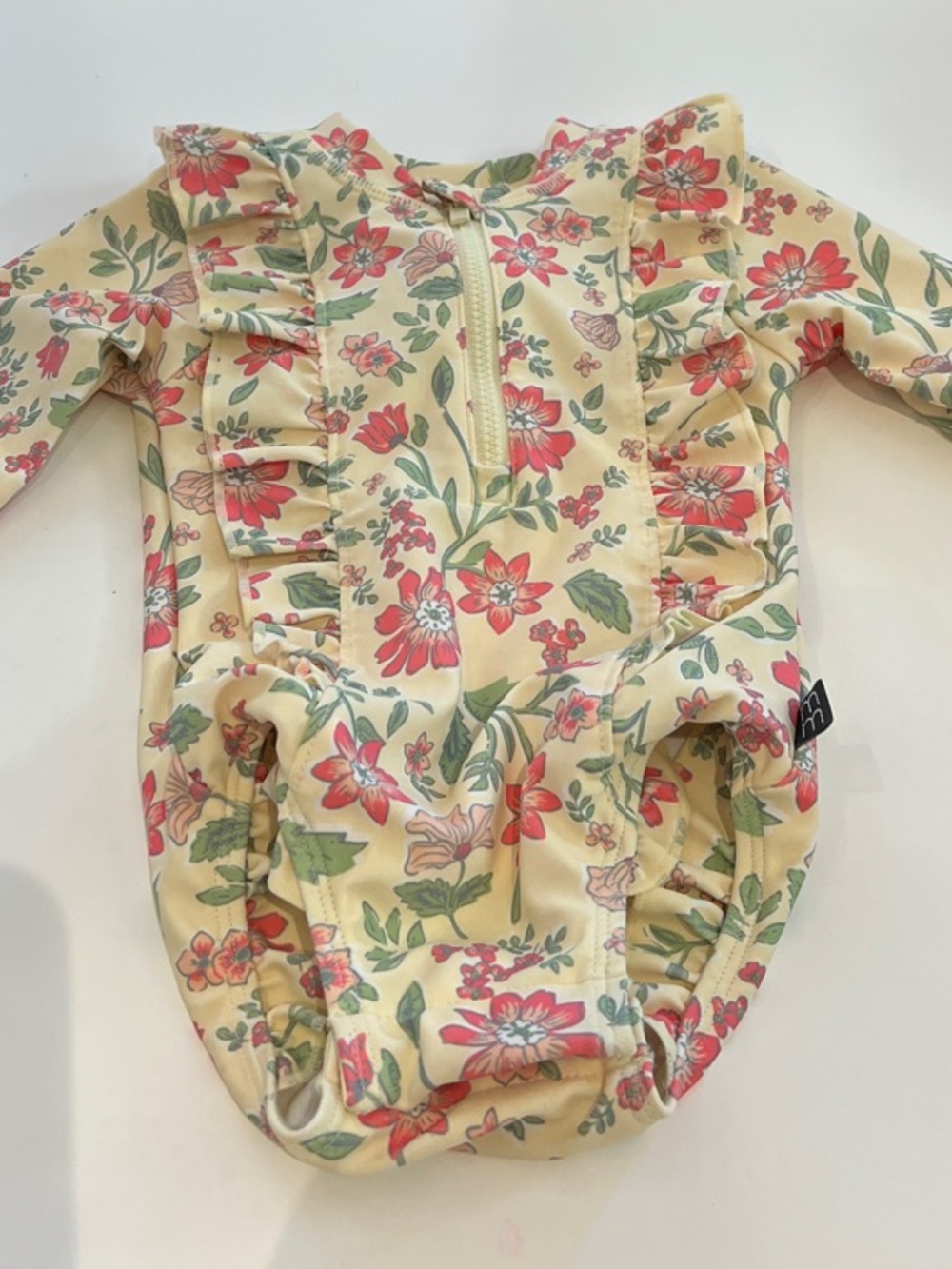 Kids Floral Ruffle One-Piece Swimsuit - Yellow with Pink Flowers size 3-6m